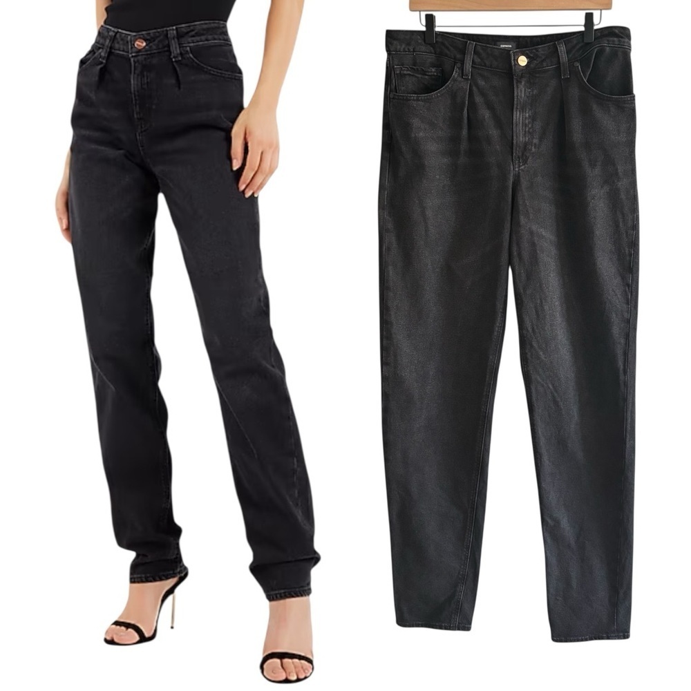 Express Relaxed Tapered Jeans 10 Long Mid Rise Washed Black Pleated 35” Inseam